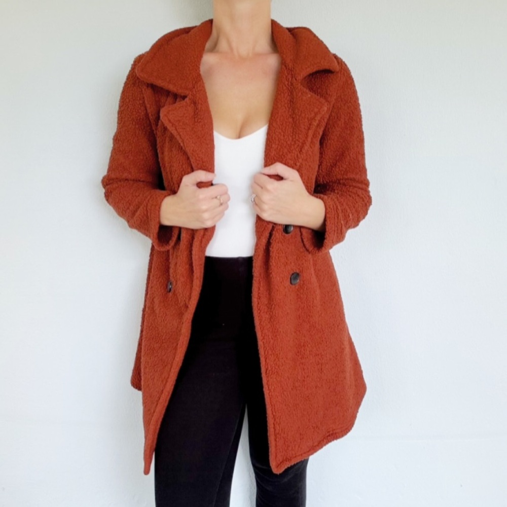 SHEIN burnt orange rust fuzzy Sherpa fleece double breasted jacket size small